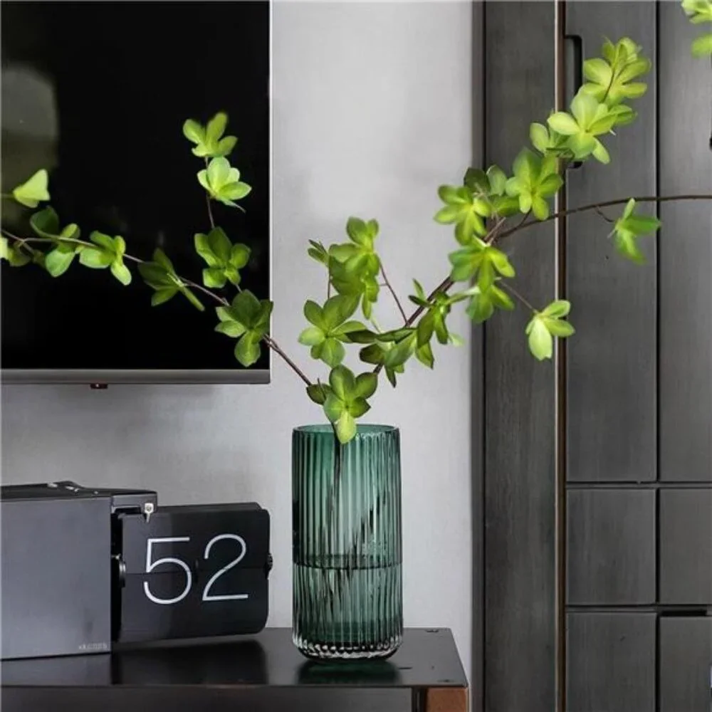 NEW West Elm Green Glass Boho Ribbed Cylinder Flower Vase Planter Decor - 8